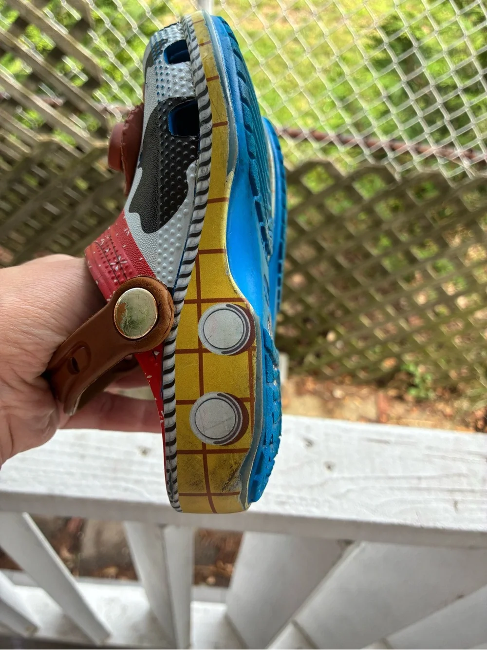 CROCS Kids Woody Cow-Print Clogs in Light Blue, Brown & Red
